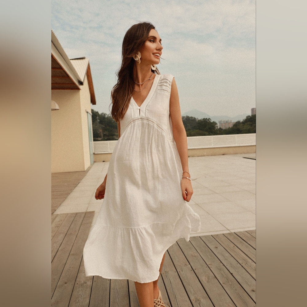 NWT - Hemp-Linen Frieeah White Midi Nightgown Dress - Size L
